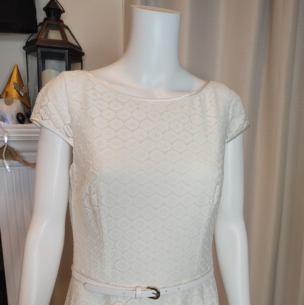 JONES STUDIO Belted Lace Fit & Flare Dress, Ivory 8 - Picture 3 of 9